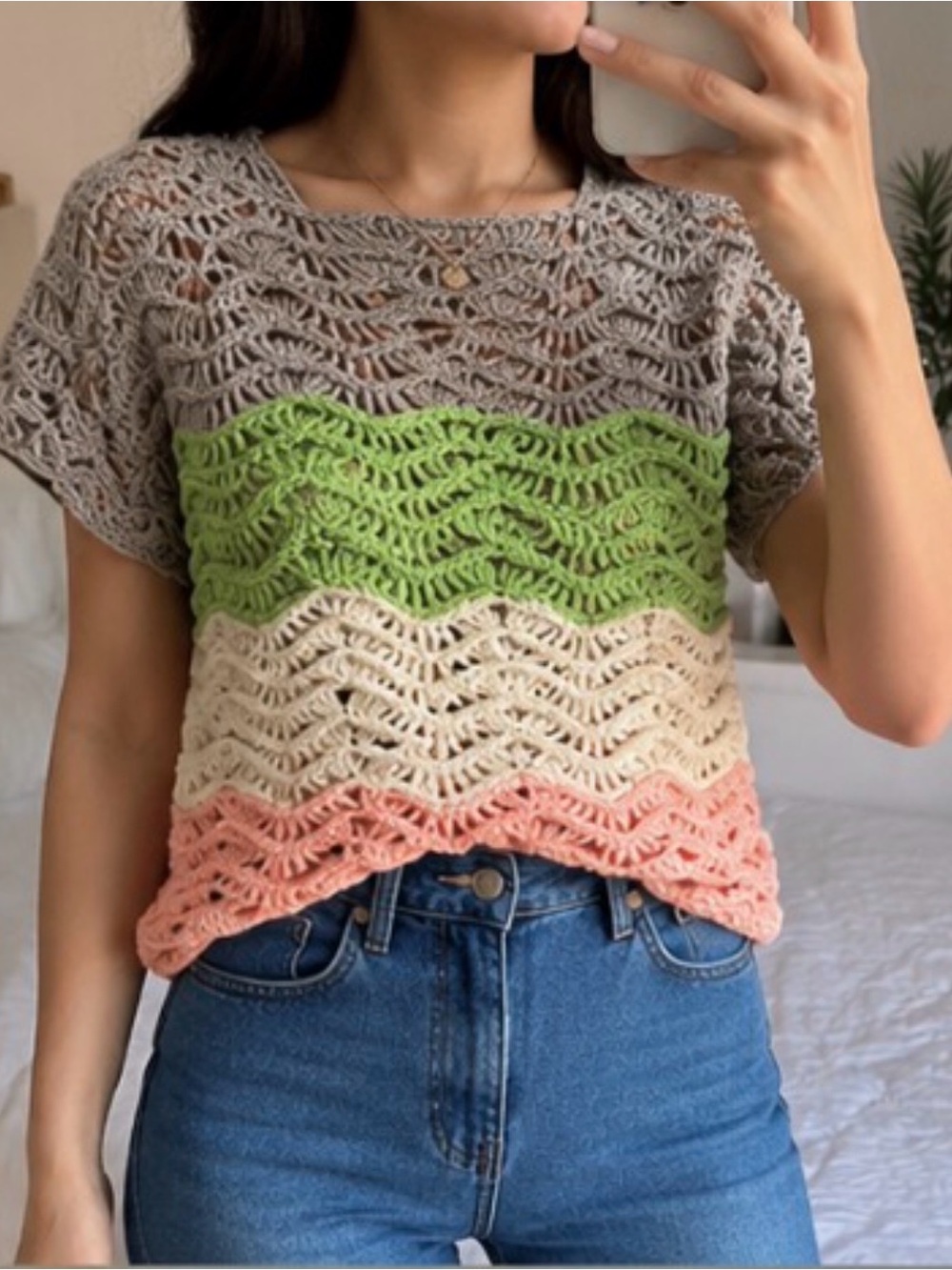 Handmade Crochet Color Block Wave Stitch Top  Boho Knit Sweater size: M